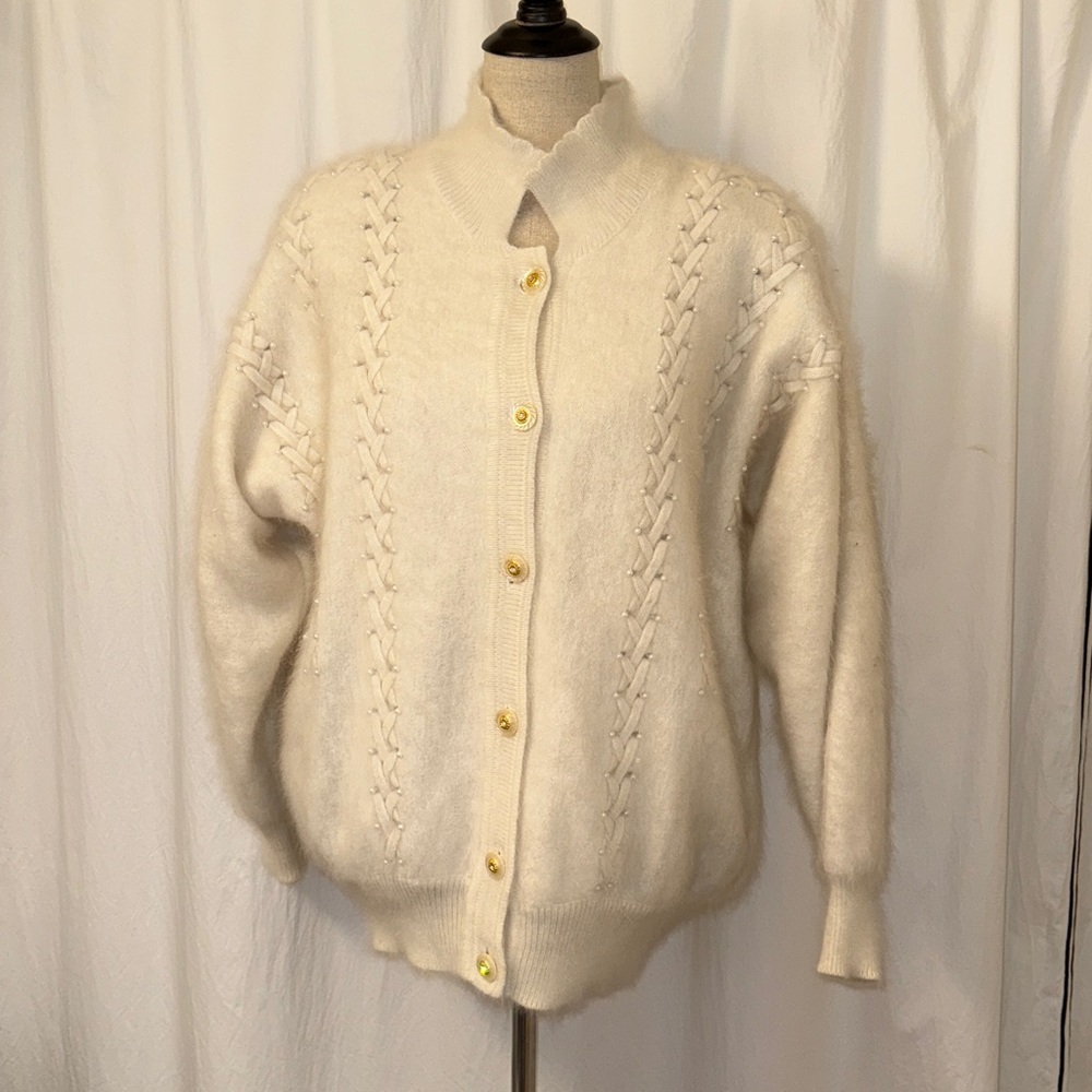 Vintage Kamiran Oversized Angora Cream Cardigan with Pearls SZ M